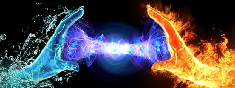 The Tesla Rooms logo, a watery hand and a fiery hand reach towards and electric vortex between them