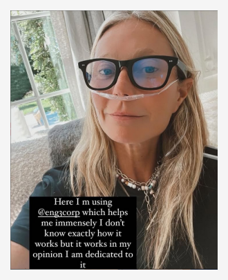Gwyneth Paltrow using NanoVi, text on image says Here I m using @eng3corp which helps me immensely. I don't know exactly how it works but it works in my opinion and I am dedicated to it