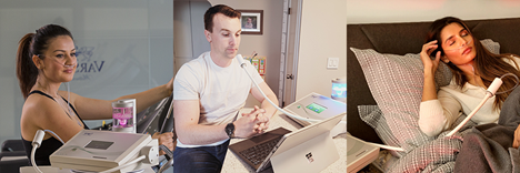 Three images of NanoVi users, exercising, working, and sleeping